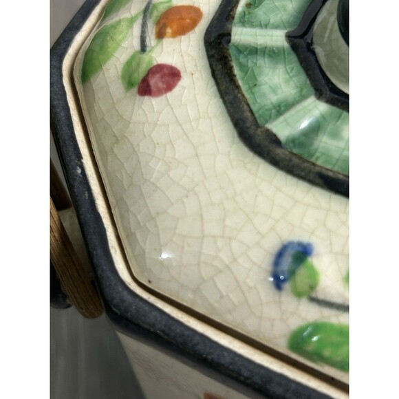 Vintage Porcelain Jar W/ Lid & Wicker Rattan Handle Floral Tea Caddy - Picture 6 of 13